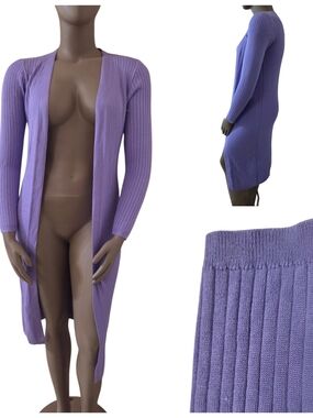 DAISY Rib-Knit Long Sleeve Open Front Maxi Cardigan Large Purple New w/Tags